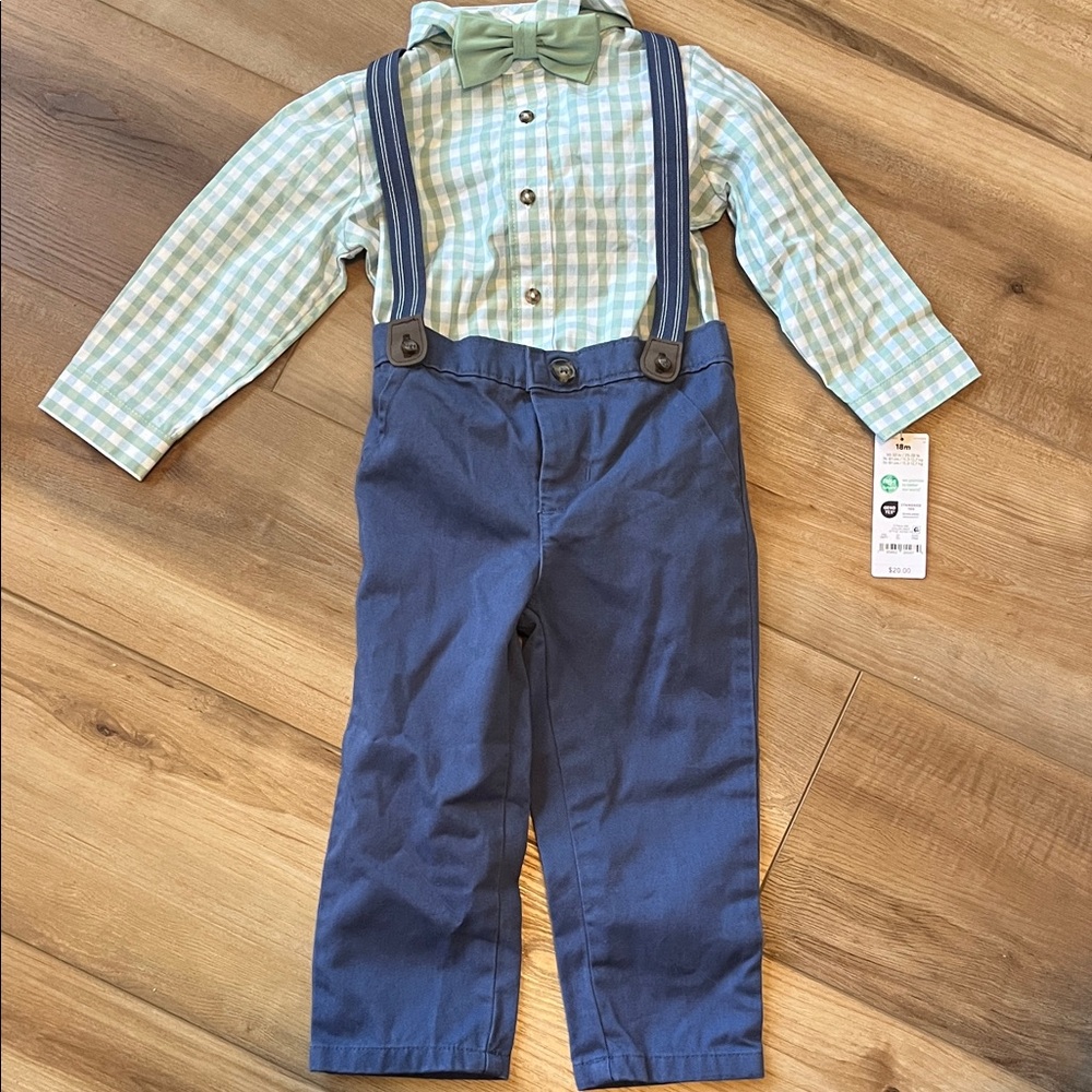 Carter's Green and White Checkered Shirt with Bow Tie and Pants with Suspenders